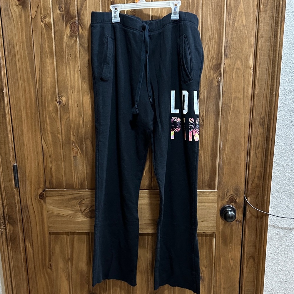 PINK Victoria's Secret Black Track Pants with Multicolor Logo
